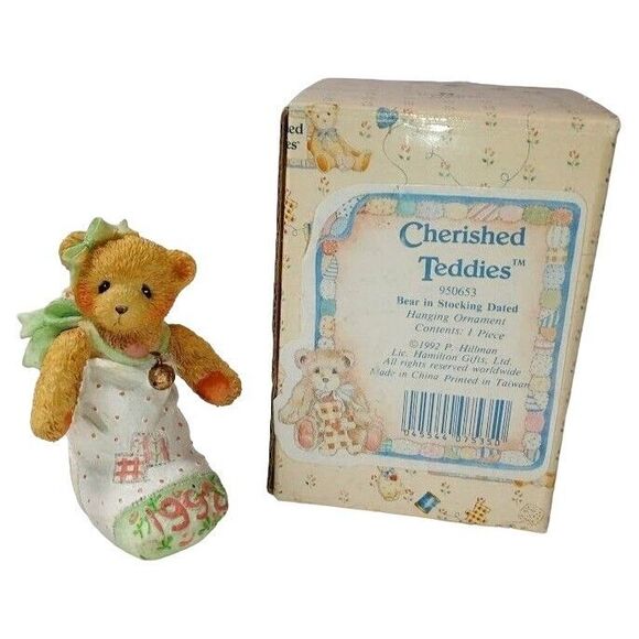 Cherished Teddies Bear in Stocking Ornament Vintage 1992 Hamilton Gifts Hillman - Picture 1 of 3